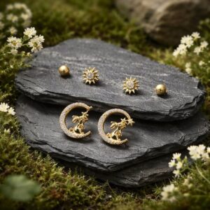 Antitarnish Celestial Earring Set - Moon Rabbit, Sun & Ball Studs