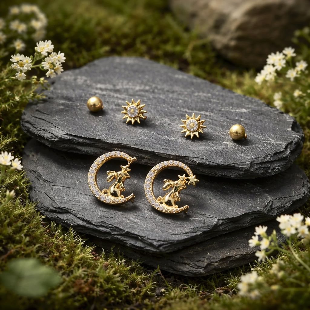 Antitarnish Celestial Earring Set – Moon Rabbit, Sun & Ball Studs