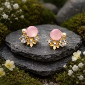 Antitarnish Pink Stone & Pearl Cluster Stud Earrings