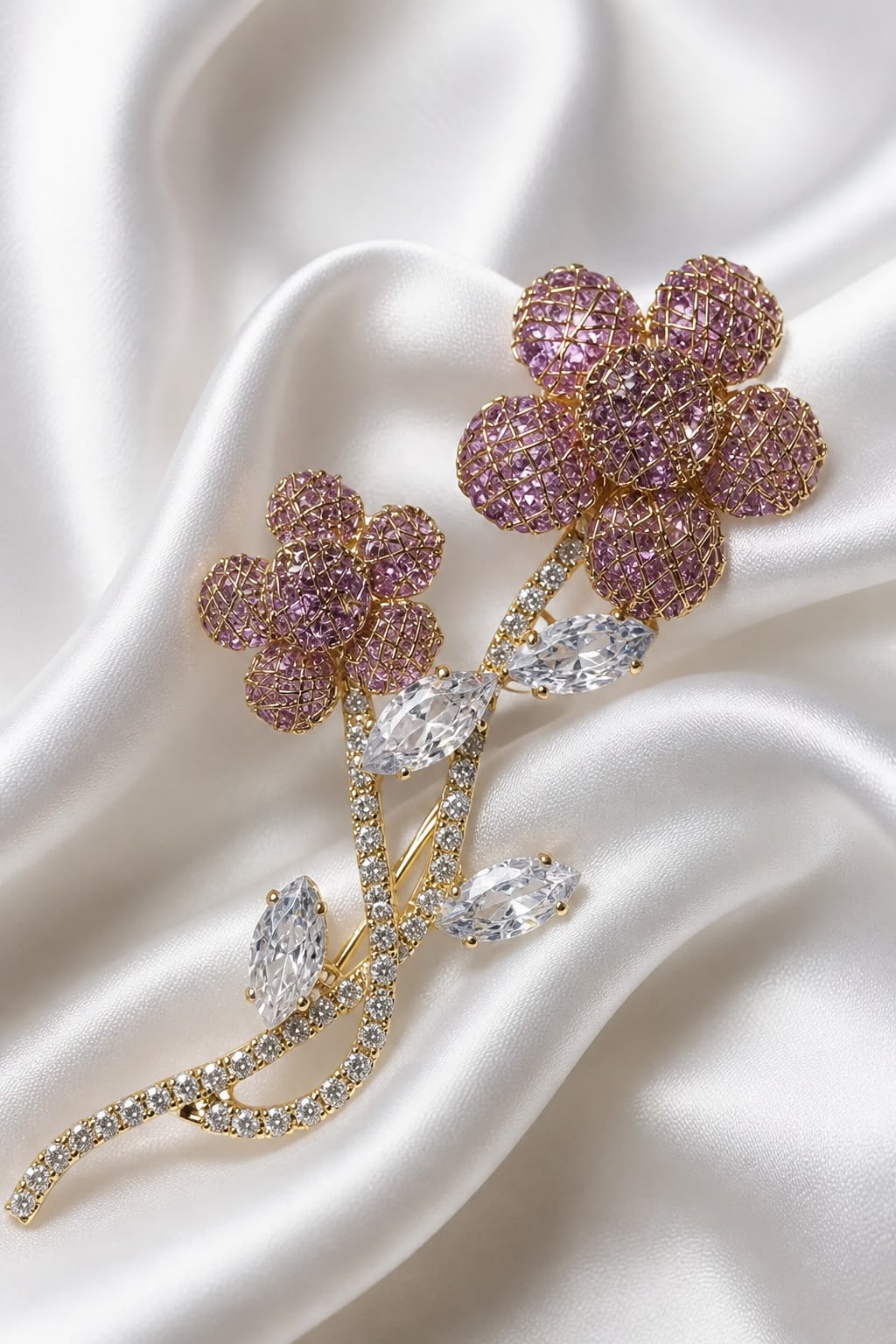 Antitarnish Twin Bloom Stone Stem Brooch