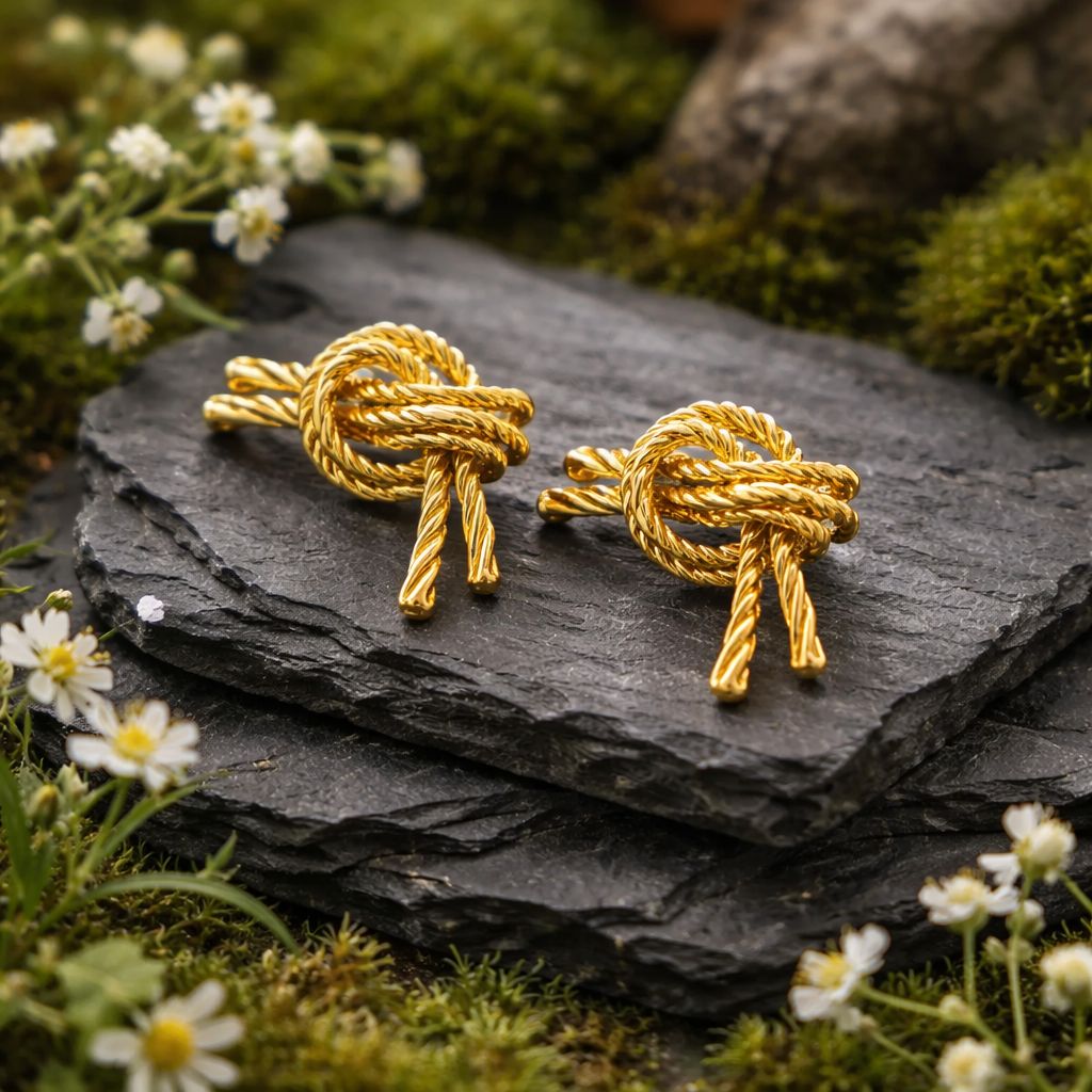 Antitarnish Gold Rope Knot Stud Earrings