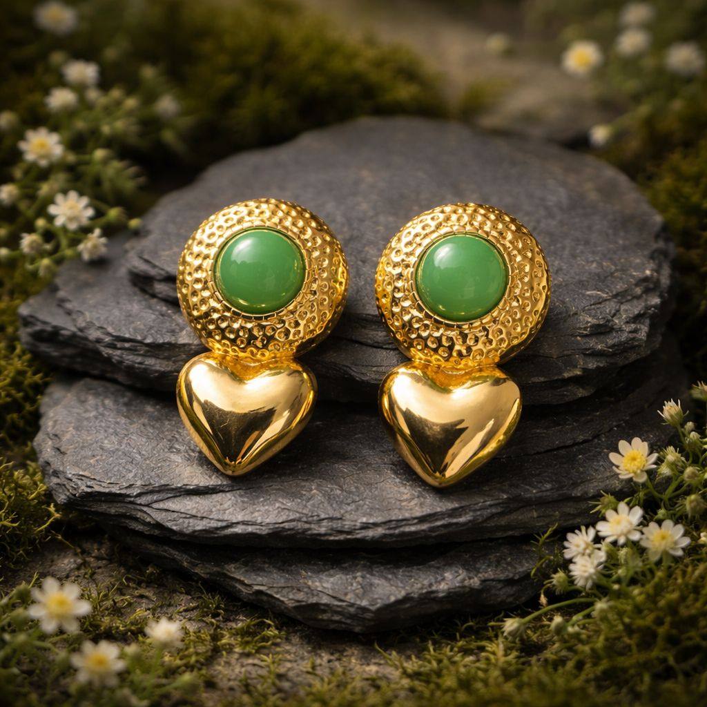 Antitarnish Green Stone Heart Drop Earrings