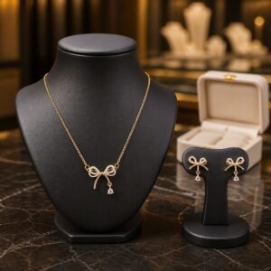 Antitarnish Bow Drop Set (Pendant Chain And Earrings)