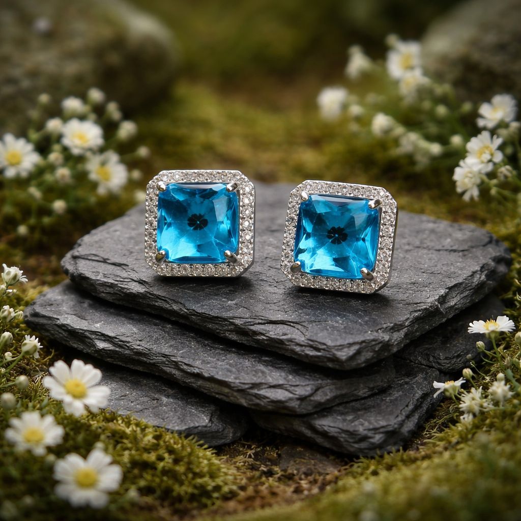 Antitarnish Blue Halo Crystal Stud Earrings