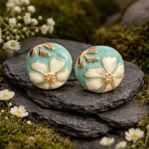 Antitarnish Aqua Floral Enamel Stud Earrings