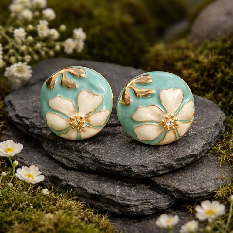 Antitarnish Aqua Floral Enamel Stud Earrings