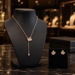Antitarnish Pink Swan Lariat Set (Pendant Chain With Earrings)