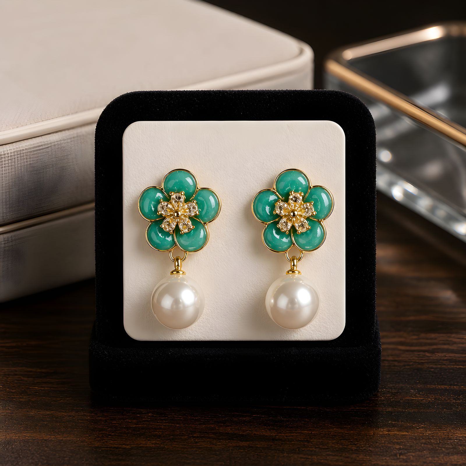 Anti-Tarnish Enamel Flower Pearl Drop Earrings