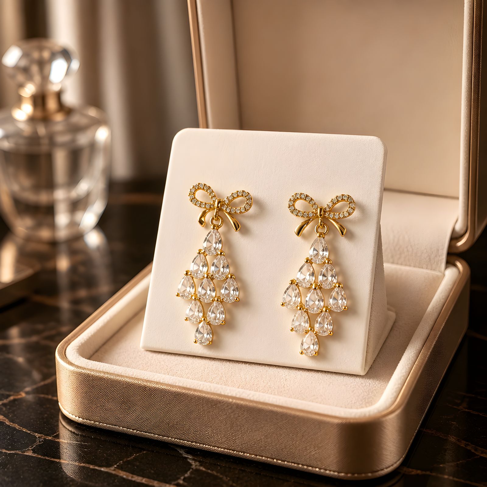 Anti-Tarnish Stone Bow Chandelier Earrings