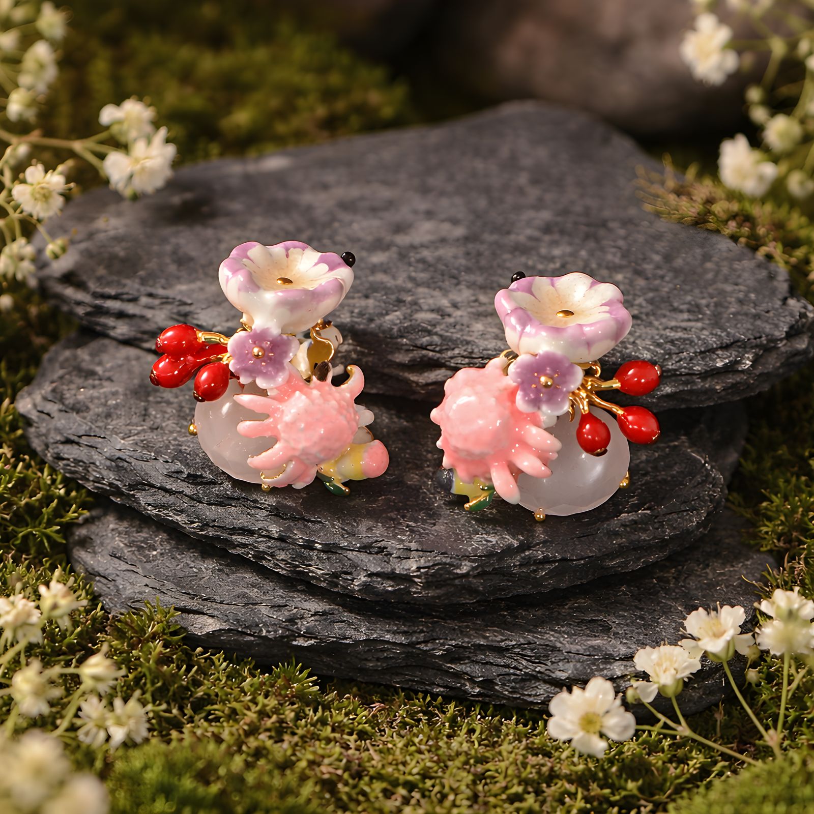 Antitarnish Enamel Crab and Floral Stud Earrings