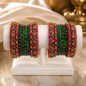 Handmade Silk Thread Bangles - Rani Pink and Dark Green Combo (20 Bangles)