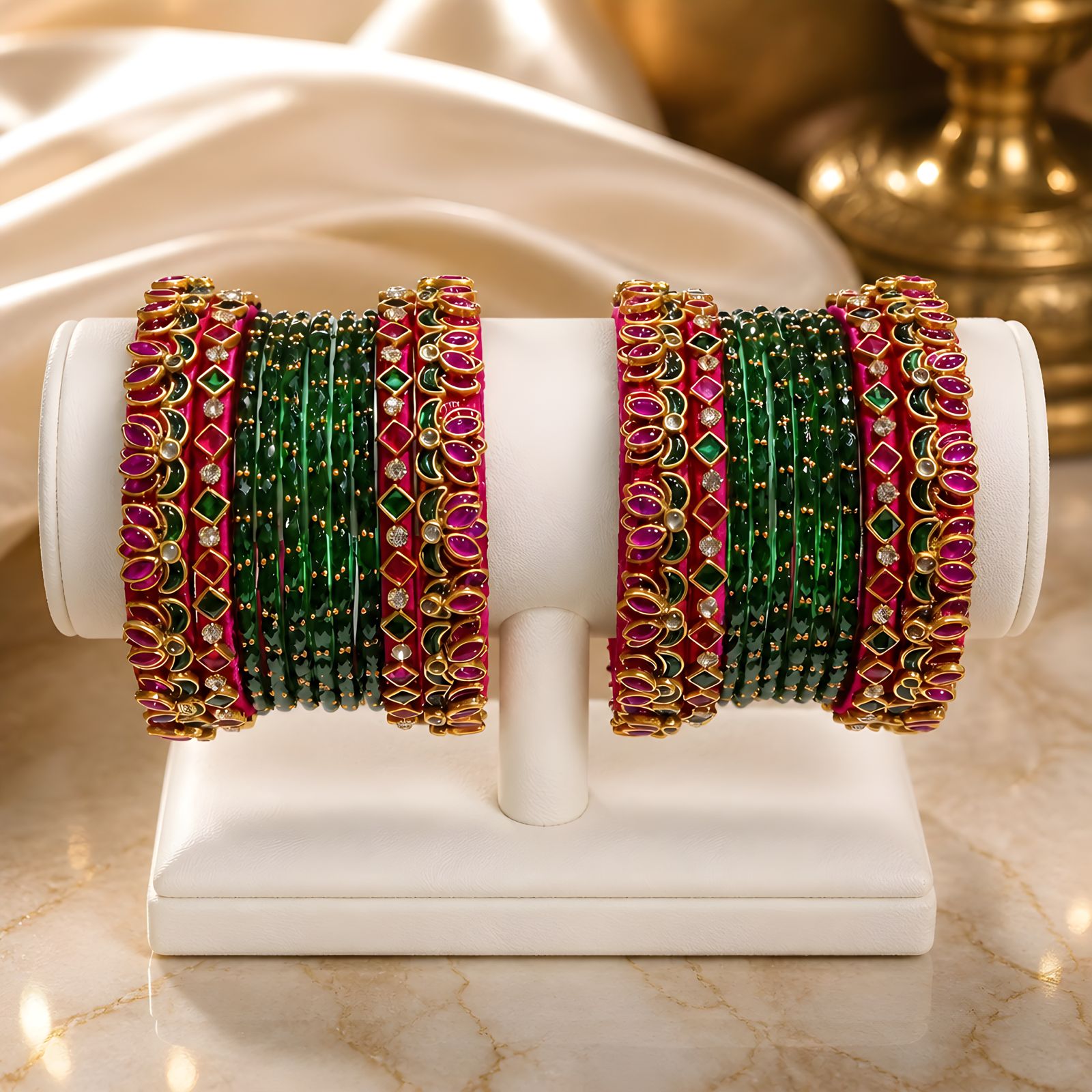 Handmade Silk Thread Bangles – Rani Pink and Dark Green Combo (20 Bangles)