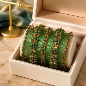 Handmade Silk Thread And Glass Bangles Combo - Sea Green (18 Bangles)