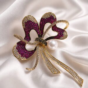 Antitarnish Ruby Pearl Ribbon Bow Brooch