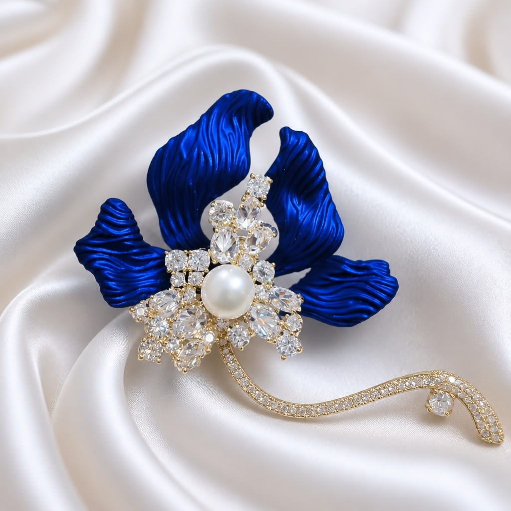 Antitarnish Royal Blue Iris Pearl Brooch