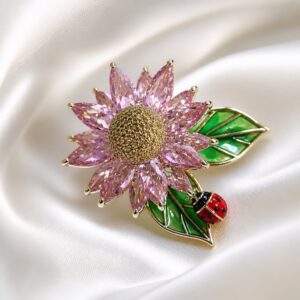 antitarnish Pink Stone Sunflower & Ladybug Brooch