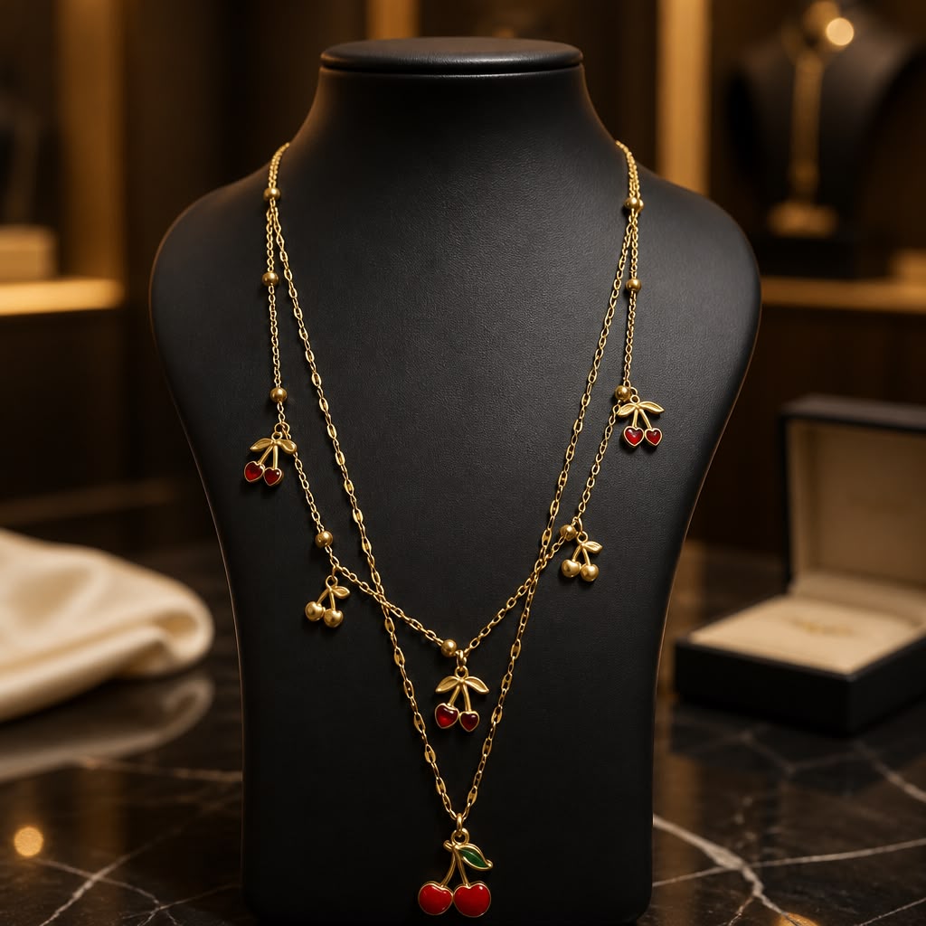 Antitarnish Gold Cherry Charm Layered Stainless Steel Necklace