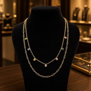 Antitarnish Gold Multicolor Crystal Layered Stainless Steel Necklace