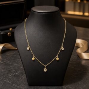 Antitarnish Gold Floral Teardrop Station Necklace