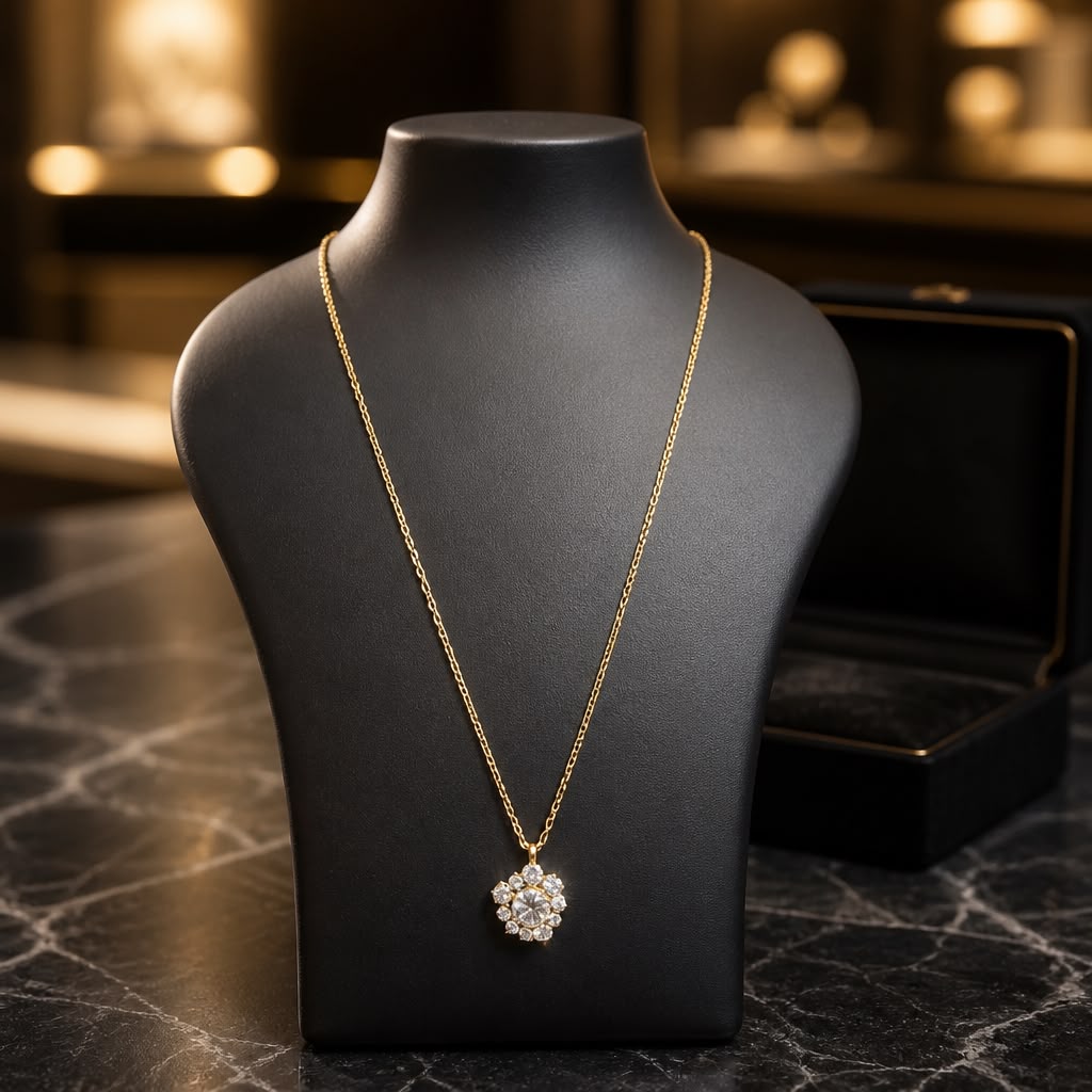 Antitarnish Gold Halo Flower Pendant Chain