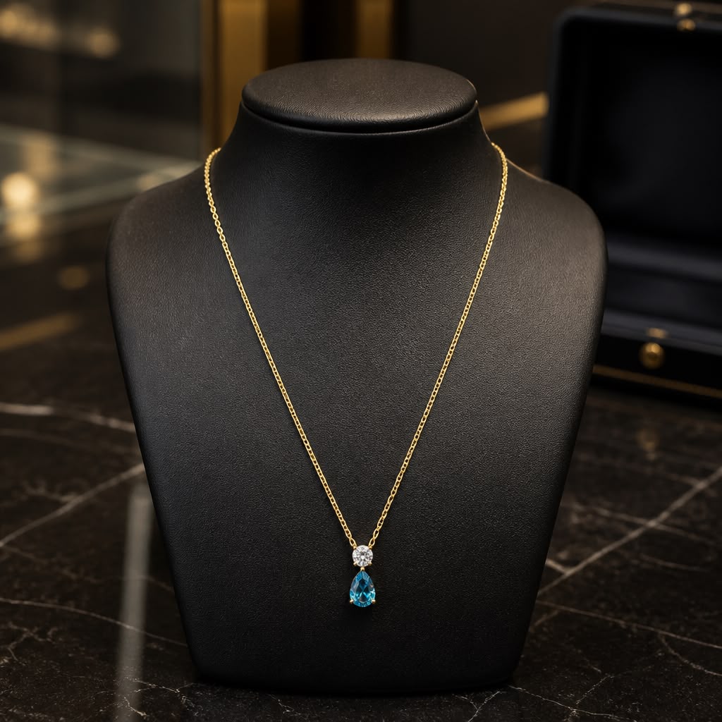 Antitarnish Gold Blue Teardrop Pendant Chain