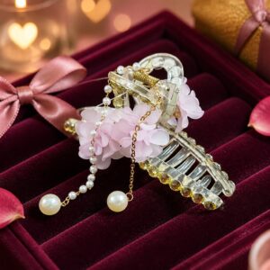 Antitarnish Pink Blossom Pearl Tassel Hair Clutch