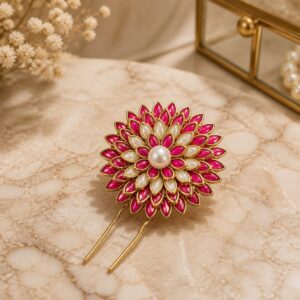 Handmade Kundan Floral U-Pin Hair Accessory - Pink and White