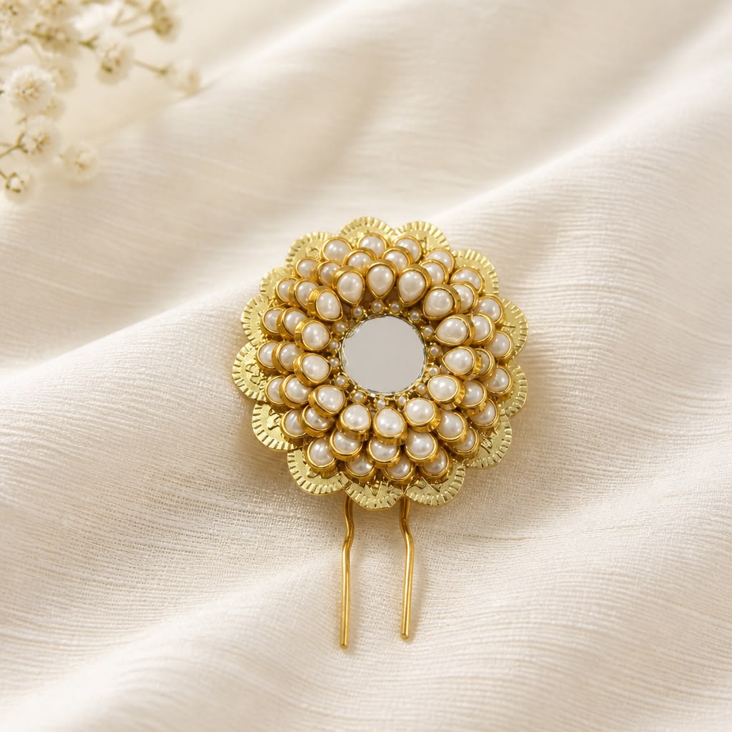 Handmade Kundan Pearl & Mirror U-Pin Hair Accessory